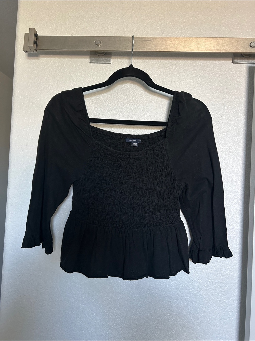American Eagle Black Smocked Peplum Square Neck Blouse